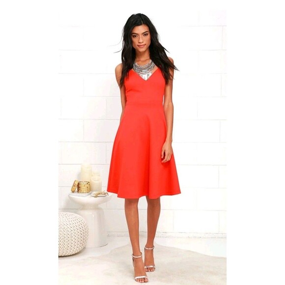 Lulus Coral Red Cocktail Midi Dress Womens LG Stretch V Neck Sexy Elegant Classy - Picture 3 of 14